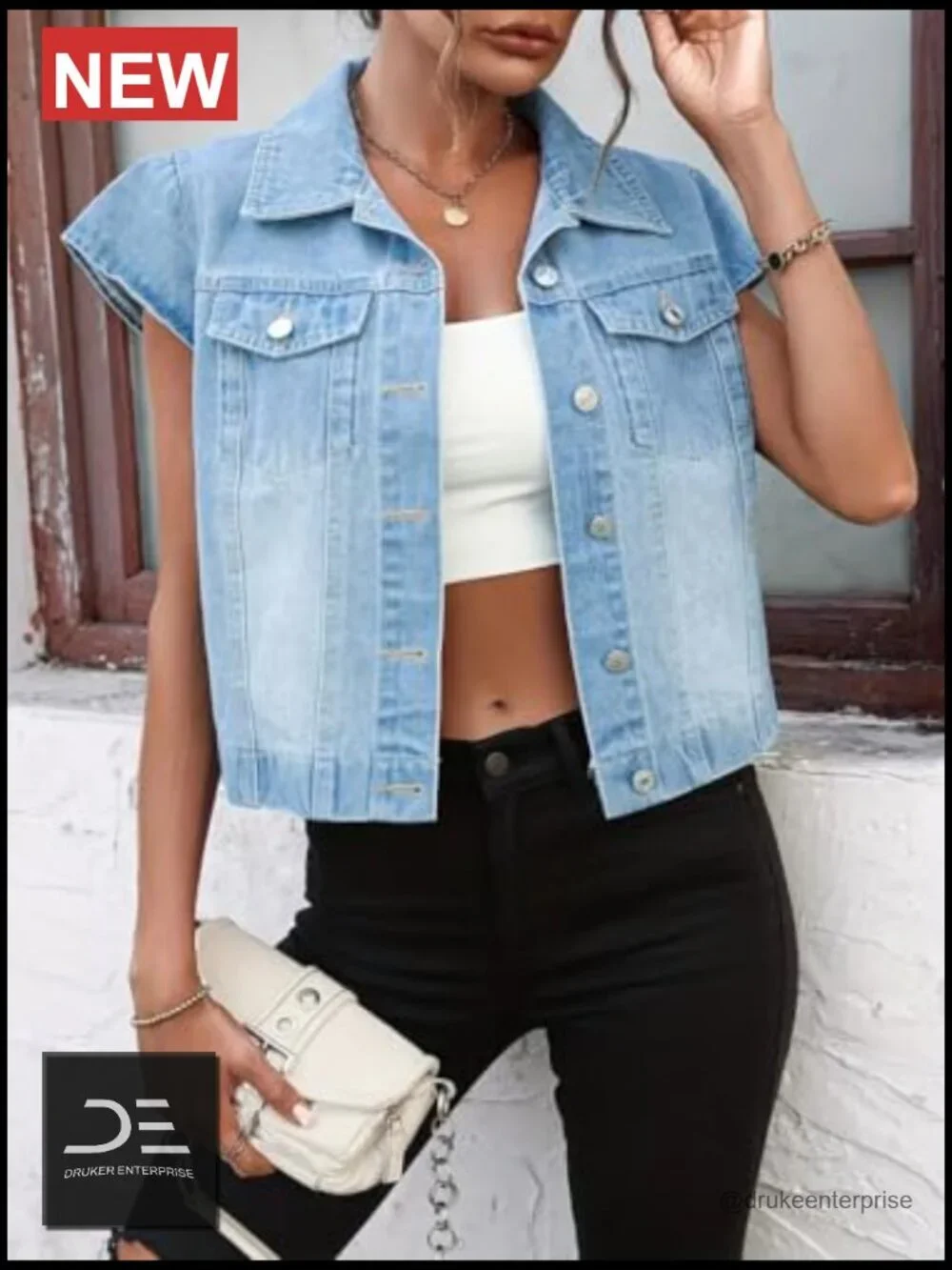 Vintage Denim Vest Button Down Short Sleeve Jean Waistcoat Jacket
